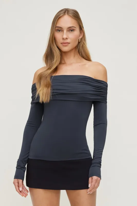 Off Shoulder Long Sleeve Top - Dynamite - Blue - Women Clothing made by Dynamite