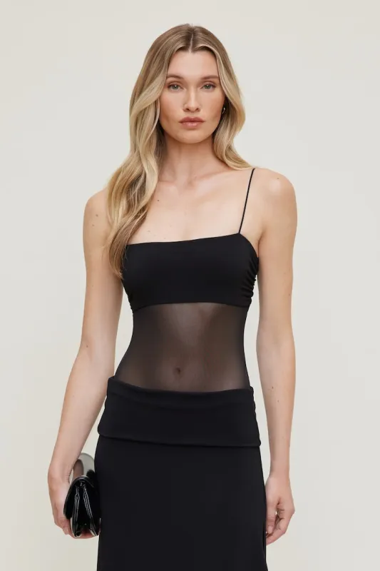 Bandeau Sheer Mesh Bodysuit - Dynamite - Black - Women Clothing made by Dynamite