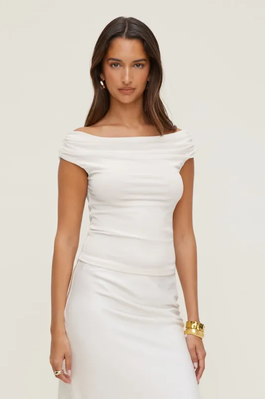 Off Shoulder Mesh Top - Dynamite - White - Women Clothing made by Dynamite