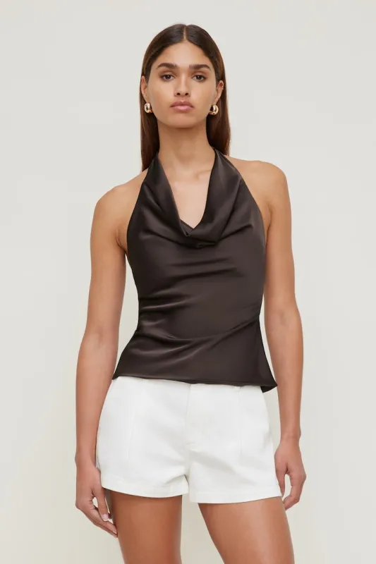 Camila Satin Cowl Halter Neck Blouse - Dynamite - Brown - Women Clothing made by Dynamite