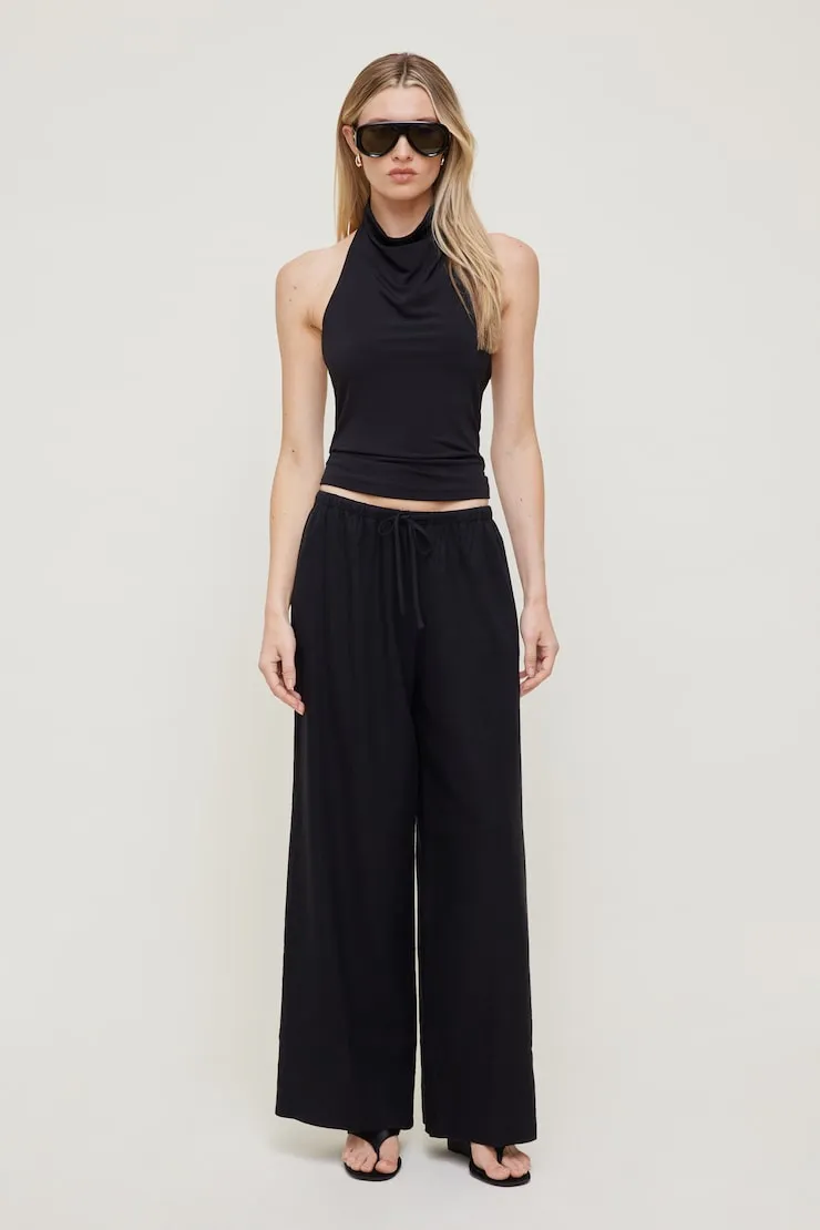 Leo Linen Wide Leg Pants - Dynamite - Black - Women Clothing sold by Dynamite