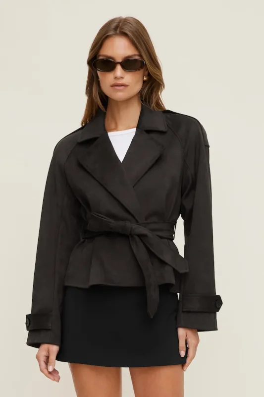 Remi Short Faux Suede Trench Coat - Dynamite - Brown - Women Clothing made by Dynamite