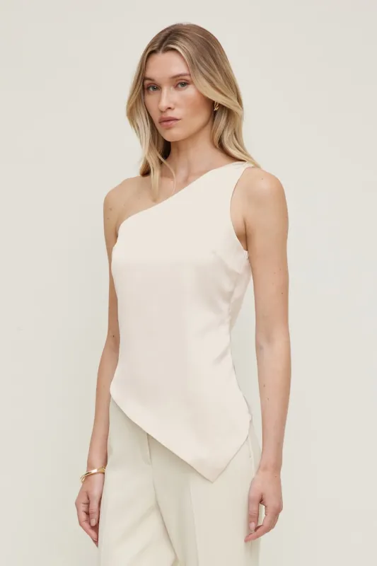 Single Shoulder Satin Top - Dynamite - Beige - Women Clothing made by Dynamite