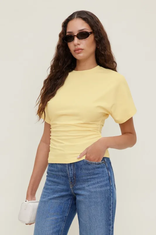Andrea Shirred Cotton Spandex T Shirt - Dynamite - Yellow - Women Clothing made by Dynamite