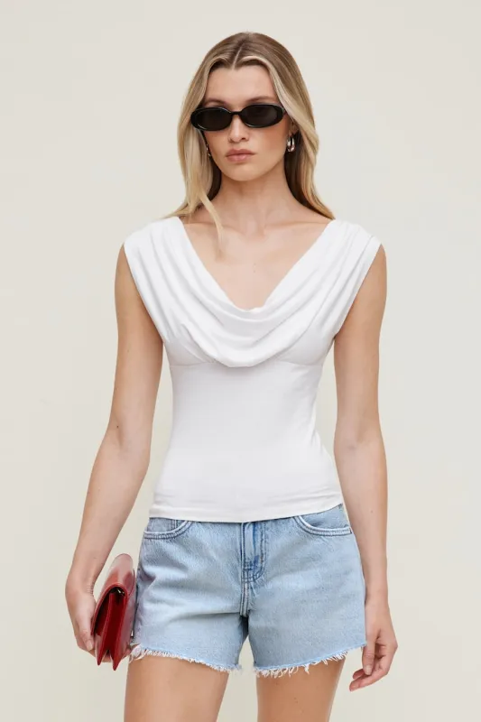 Draped Scoop Neck Top - Dynamite - White - Women Clothing made by Dynamite