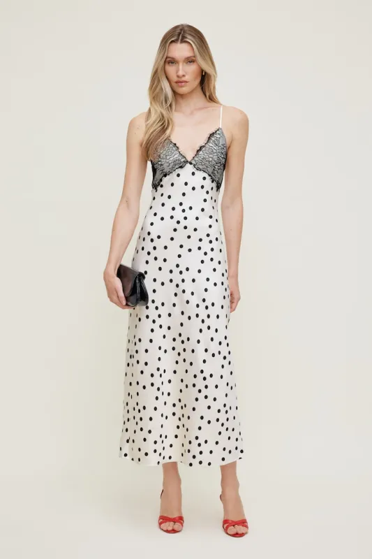 Lace Trim Satin Midi Dress - Dynamite - Beige - Women Clothing made by Dynamite
