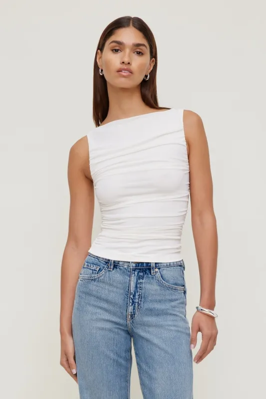 Ruched Mesh Tank Top - Dynamite - White - Women Clothing made by Dynamite