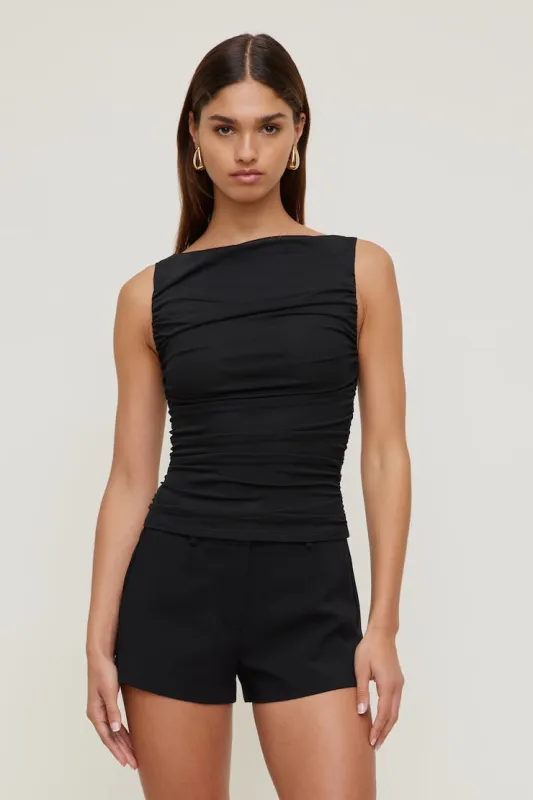 Ruched Mesh Tank Top - Dynamite - Black - Women Clothing made by Dynamite