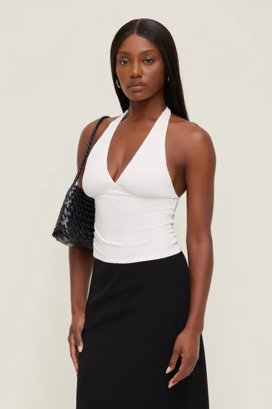 Textured Plunge Halter Top - Dynamite - White - Women Clothing made by Dynamite