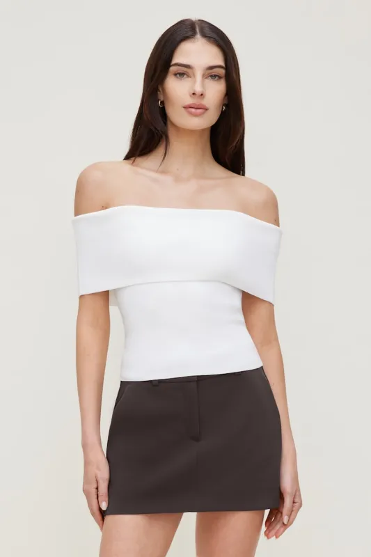 Rib Knit Off Shoulder Sweater - Dynamite - White - Women Clothing made by Dynamite