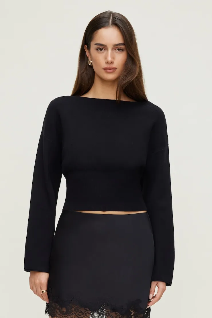 Cinched Boat Neck Sweater - Dynamite - Black - Women Clothing sold by Dynamite product image thumbnail 4
