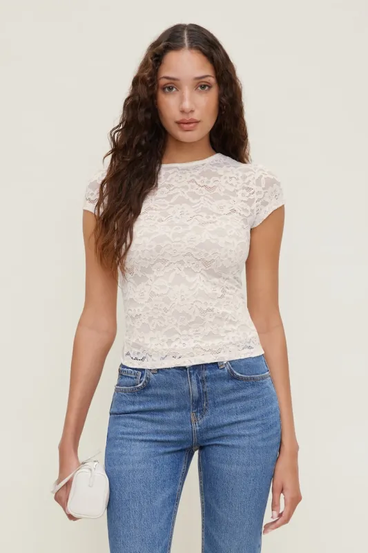Lace Crewneck Top - Dynamite - Beige - Women Clothing made by Dynamite