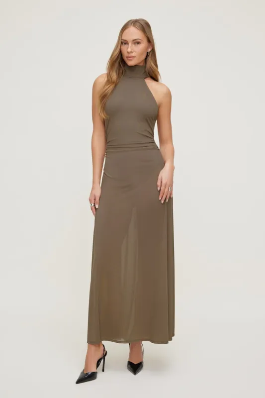 Sheer Mesh Halter Maxi Dress - Dynamite - Brown - Women Clothing made by Dynamite