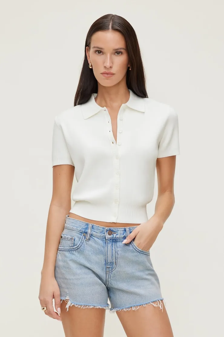 Polo Crewneck Cardigan - Dynamite - White - Women Clothing sold by Dynamite