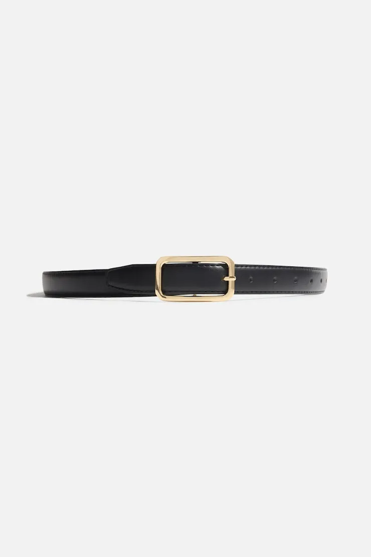 Rounded Rectangle Slim Faux Leather Belt - Dynamite - Black - Women Clothing sold by Dynamite