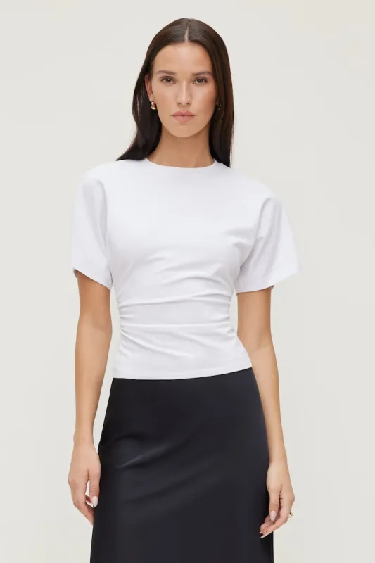 Andrea Shirred Cotton Spandex T Shirt - Dynamite - White - Women Clothing made by Dynamite