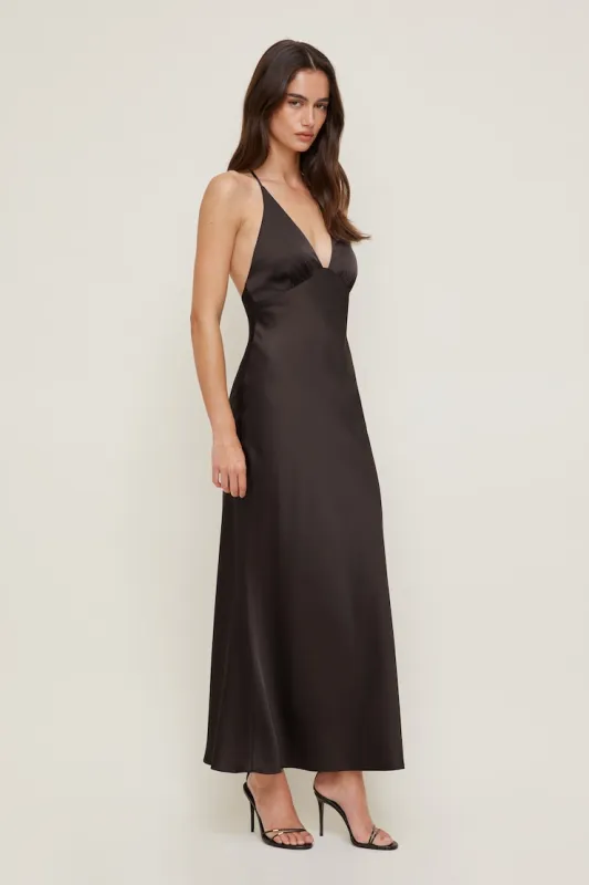 Livia Satin Midi Dress - Dynamite - Brown - Women Clothing made by Dynamite