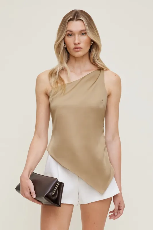 Single Shoulder Satin Top - Dynamite - Beige - Women Clothing made by Dynamite