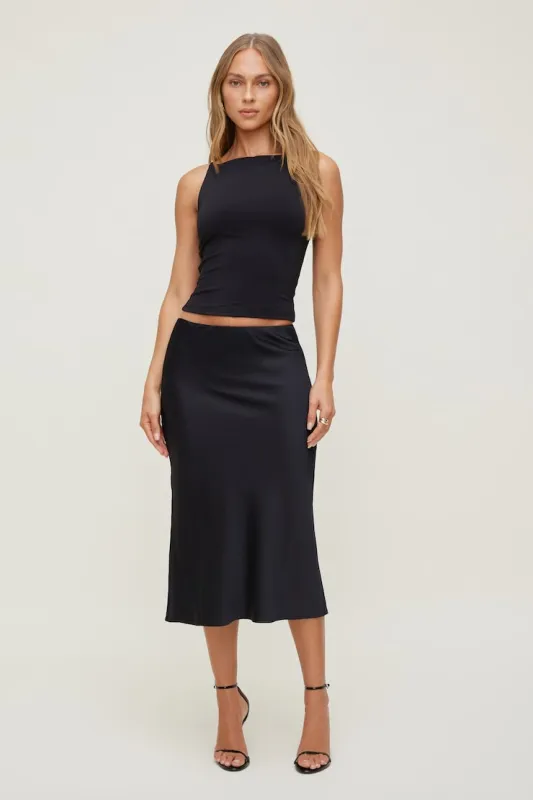 Delila Satin Midi Skirt - Dynamite - Black - Women Clothing made by Dynamite