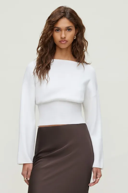 Cinched Boat Neck Sweater - Dynamite - White - Women Clothing made by Dynamite