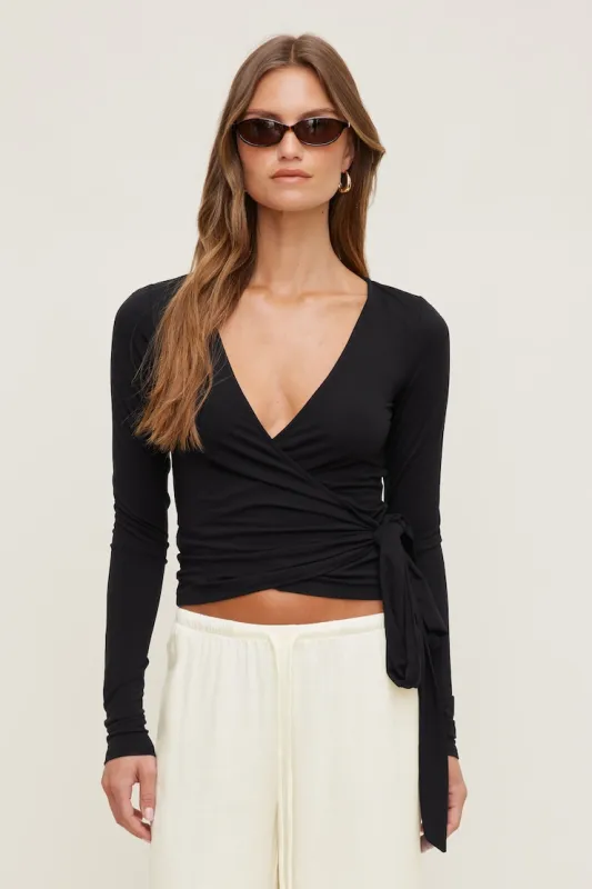 Wrap Long Sleeve Top - Dynamite - Black - Women Clothing made by Dynamite