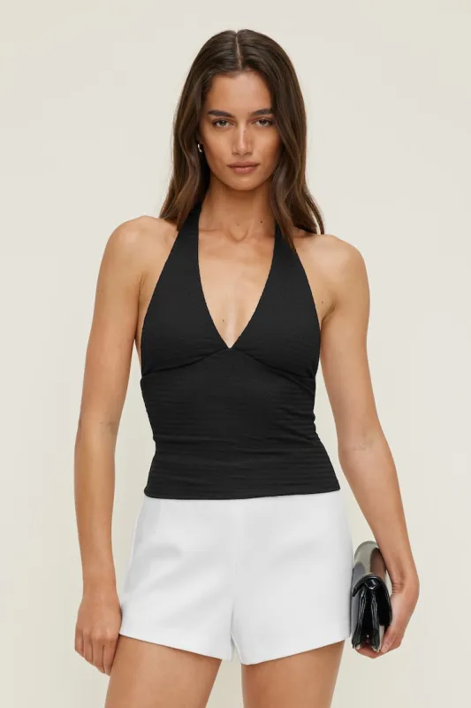 Textured Plunge Halter Top - Dynamite - Black - Women Clothing made by Dynamite