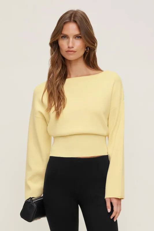 Cinched Boat Neck Sweater - Dynamite - Yellow - Women Clothing made by Dynamite