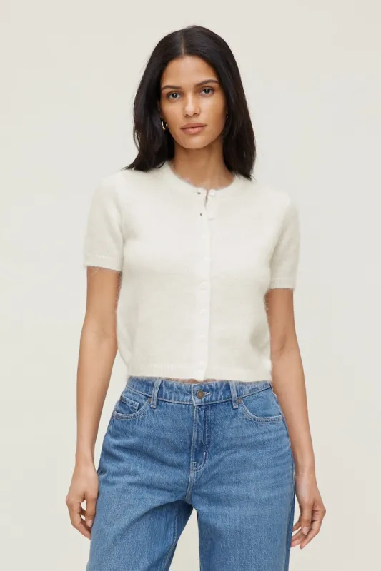 Premium Mohair Short Sleeve Cardigan - Dynamite - White - Women Clothing made by Dynamite