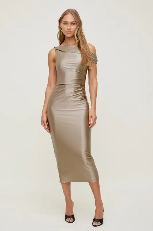 Jayde Stretch Satin Midi Dress - Dynamite - Beige - Women Clothing made by Dynamite