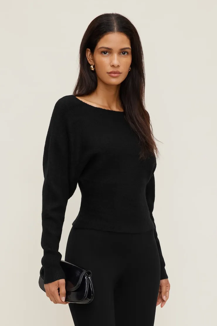 Cinched Boat Neck Sweater - Dynamite - Black - Women Clothing sold by Dynamite