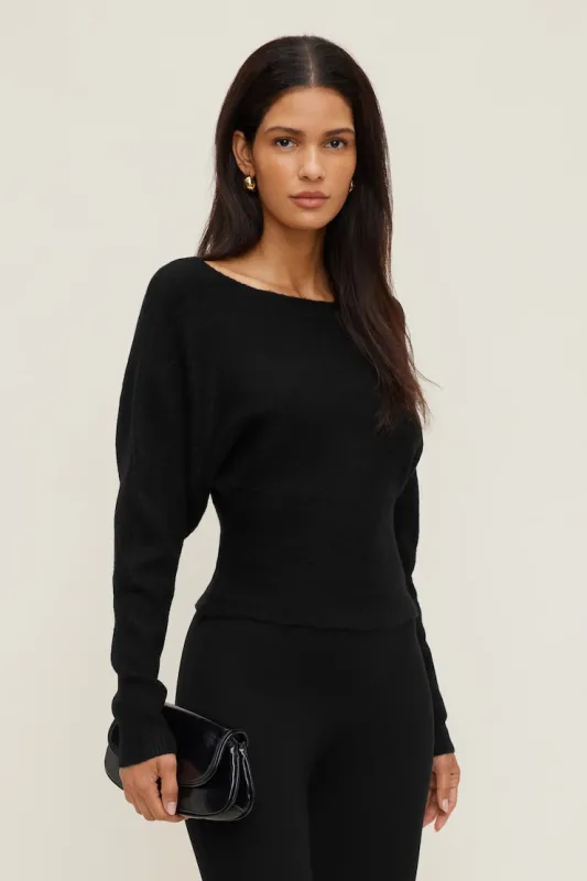 Cinched Boat Neck Sweater - Dynamite - Black - Women Clothing made by Dynamite