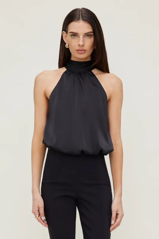 Paloma Bubble Satin Halter Blouse - Dynamite - Black - Women Clothing made by Dynamite