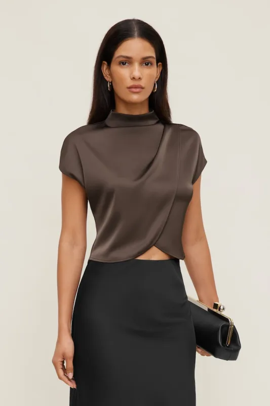 Ella Layered Satin Blouse - Dynamite - Brown - Women Clothing made by Dynamite