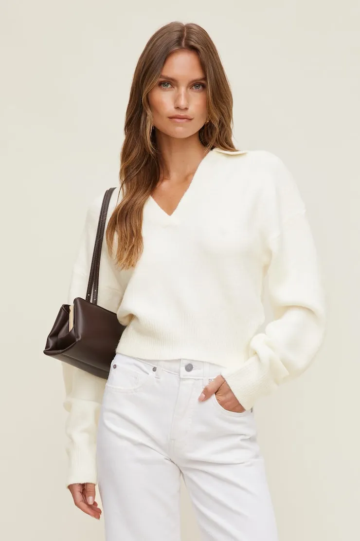 Audrey Cinched Polo Sweater - Dynamite - White - Women Clothing sold by Dynamite