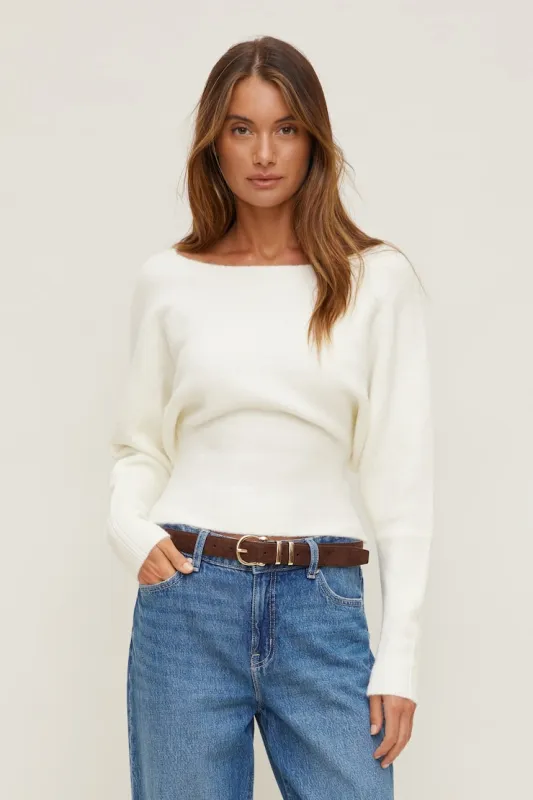 Cinched Boat Neck Sweater - Dynamite - White - Women Clothing made by Dynamite