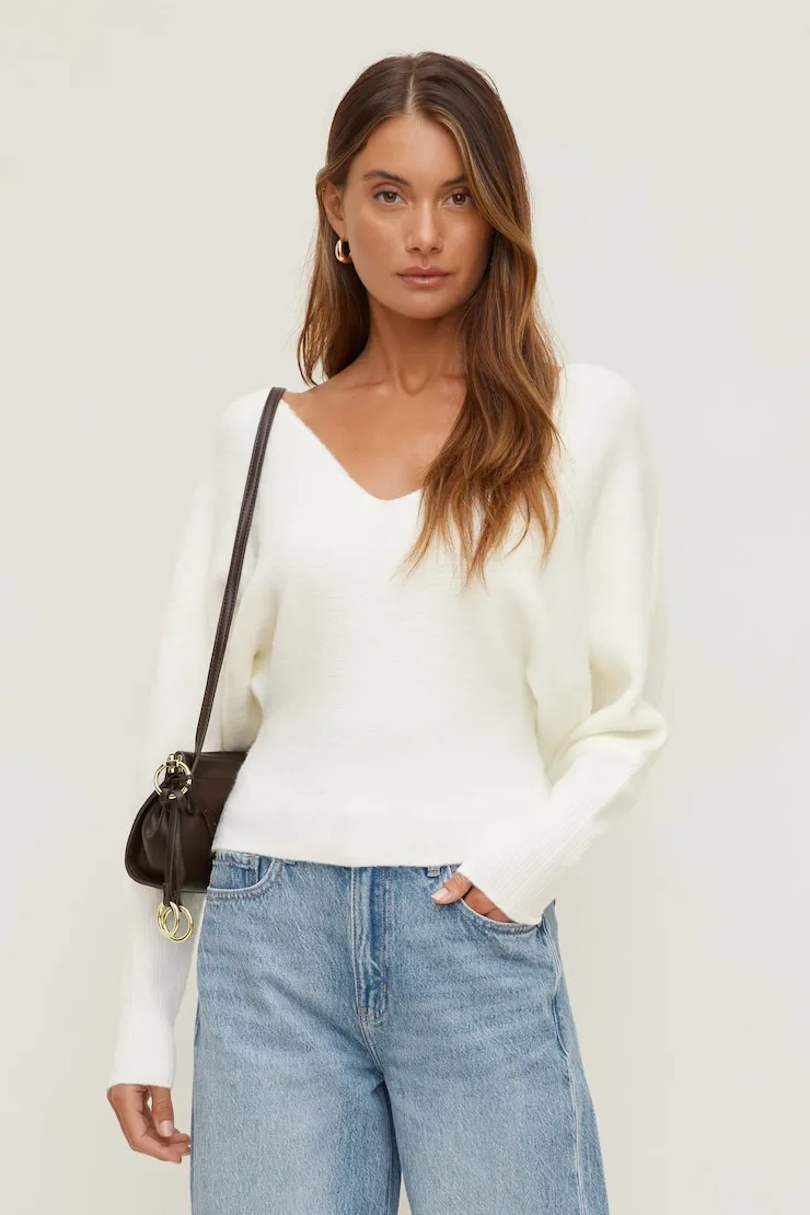 Cinched V Neck Sweater - Dynamite - White - Women Clothing sold by Dynamite