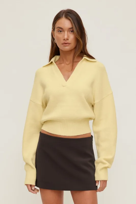 Audrey Cinched Polo Sweater - Dynamite - Yellow - Women Clothing made by Dynamite