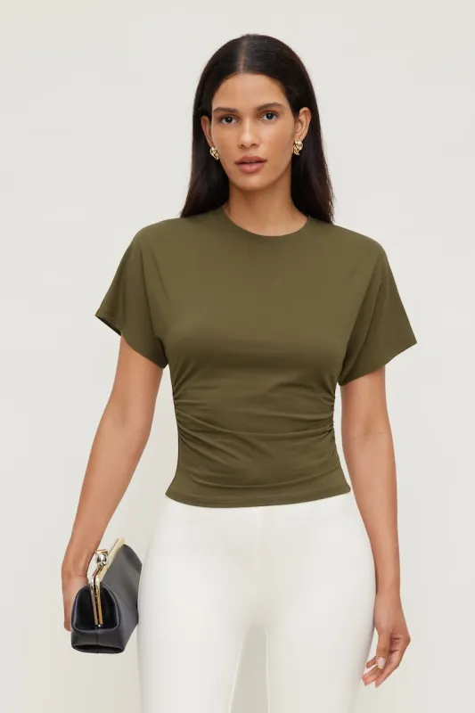 Andrea Shirred Jersey T Shirt - Dynamite - Green - Women Clothing made by Dynamite