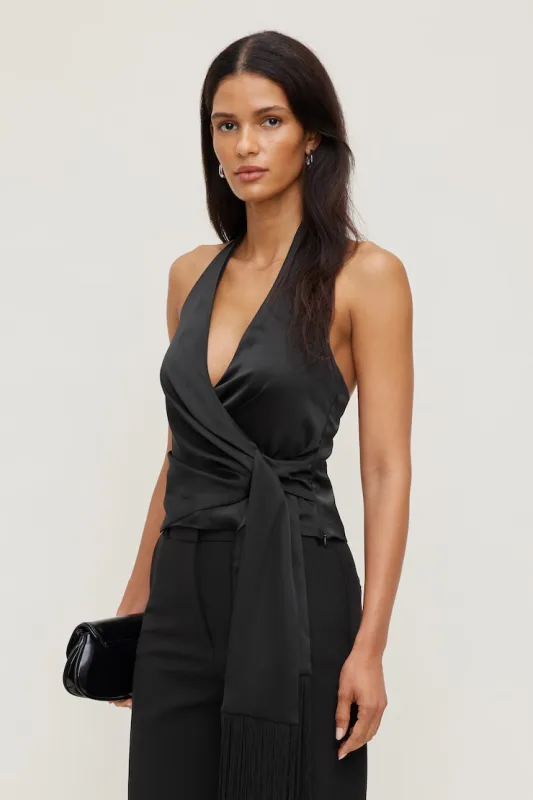 Fringe Satin Top - Dynamite - Black - Women Clothing made by Dynamite