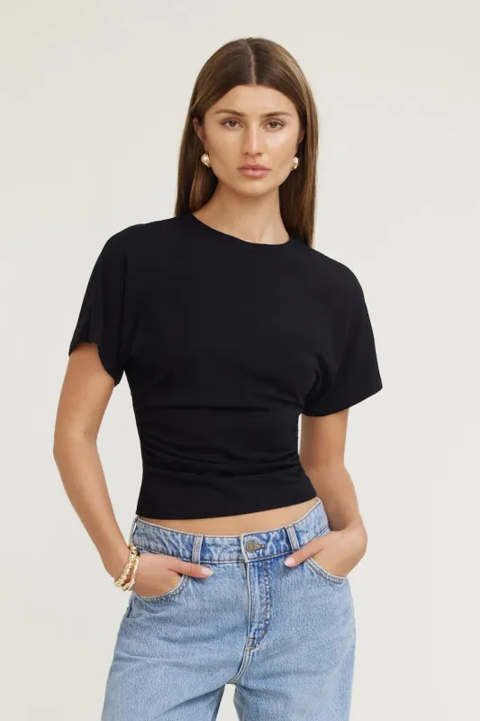Andrea Shirred Jersey T Shirt - Dynamite - Black - Women Clothing made by Dynamite