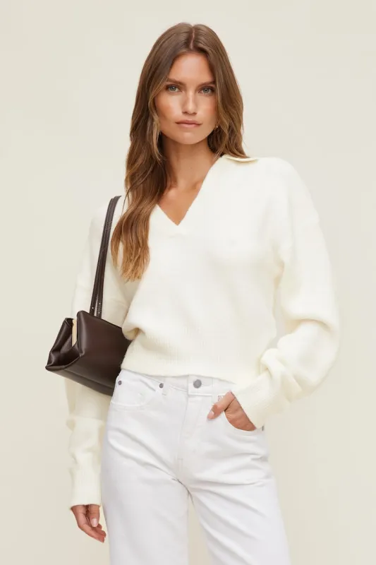 Audrey Cinched Polo Sweater - Dynamite - White - Women Clothing made by Dynamite