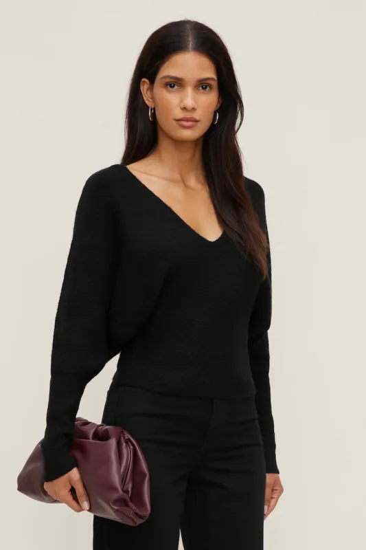 Cinched V Neck Sweater - Dynamite - Black - Women Clothing made by Dynamite