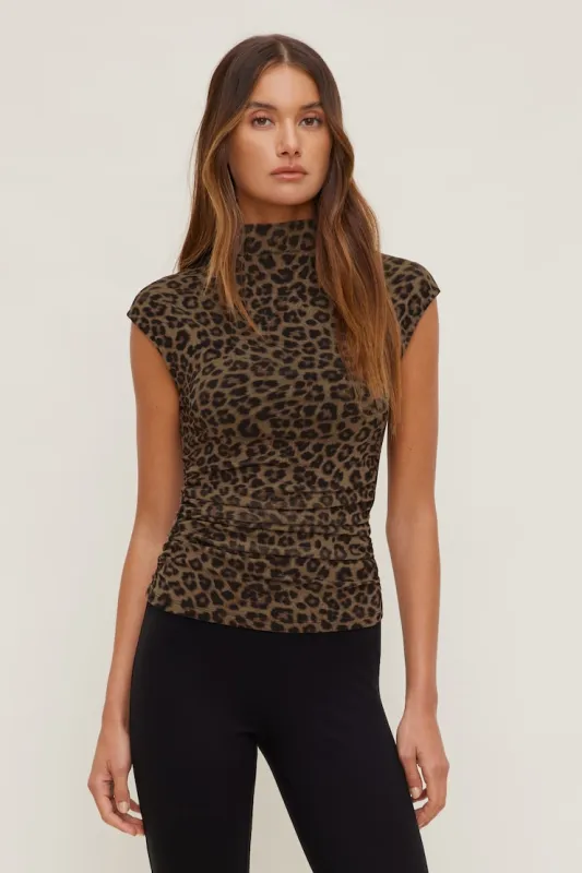 Printed Cap Sleeve Mesh Top - Dynamite - Brown - Women Clothing made by Dynamite