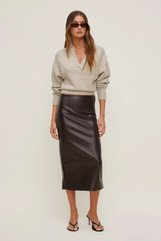Faux Leather Midi Skirt - Dynamite - Brown - Women Clothing made by Dynamite