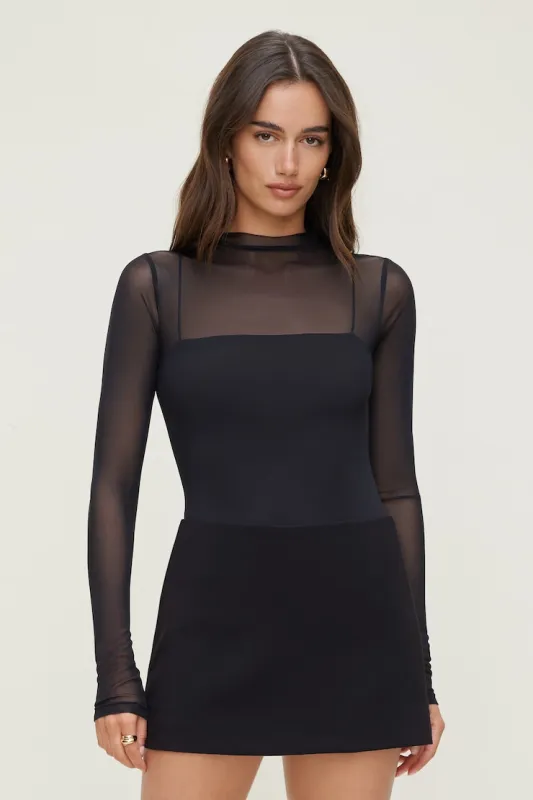 Sheer Layered Mesh Cami Bodysuit - Dynamite - Black - Women Clothing made by Dynamite
