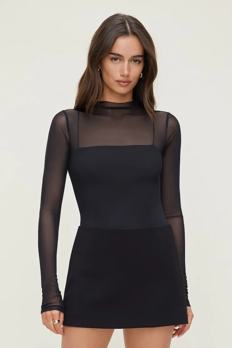 Sheer Layered Mesh Cami Bodysuit - Dynamite - Black - Women Clothing sold by Dynamite