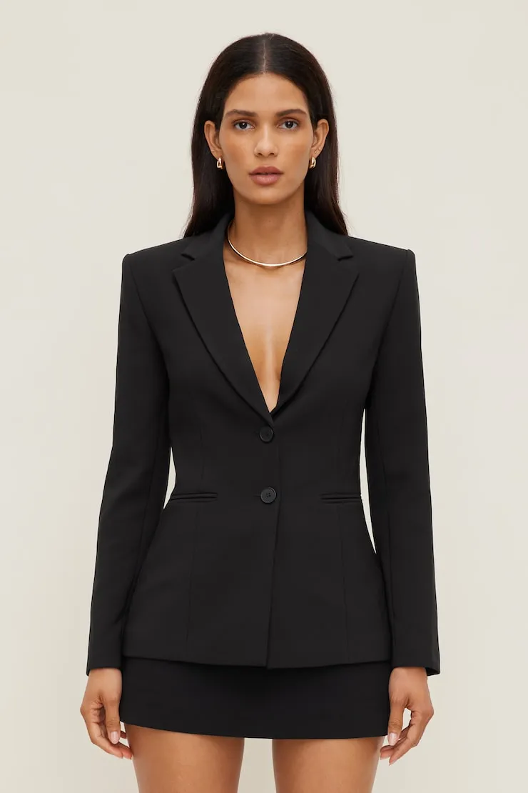 Anna Cinched Crepe Blazer - Dynamite - Black - Women Clothing sold by Dynamite