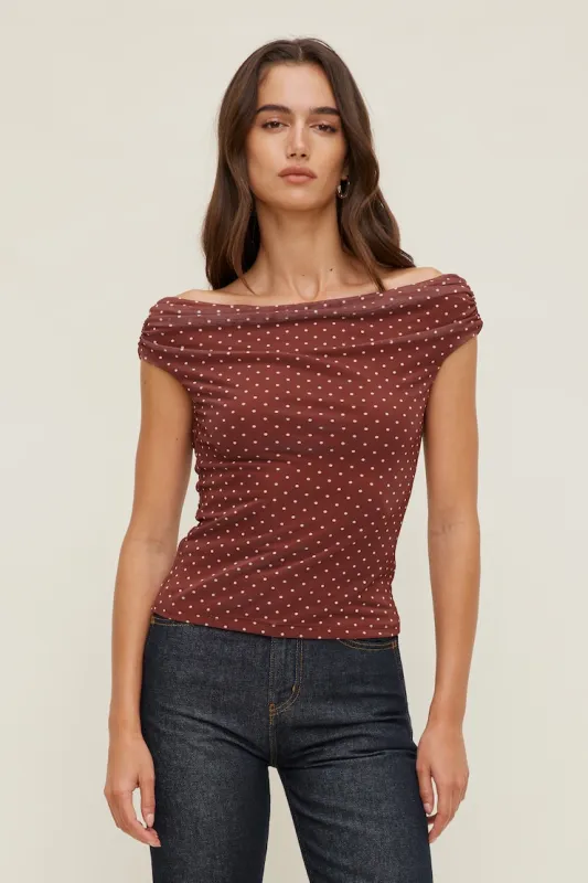 Off Shoulder Mesh Top - Dynamite - Red - Women Clothing made by Dynamite