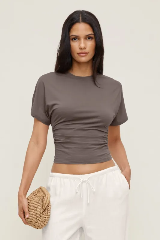 Andrea Shirred Jersey T Shirt - Dynamite - Brown - Women Clothing made by Dynamite