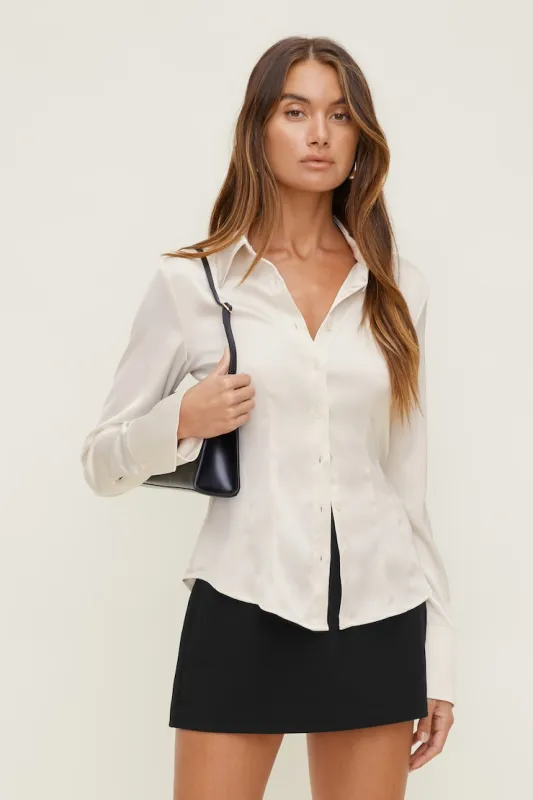 Kyra Satin Shirt - Dynamite - Beige - Women Clothing made by Dynamite